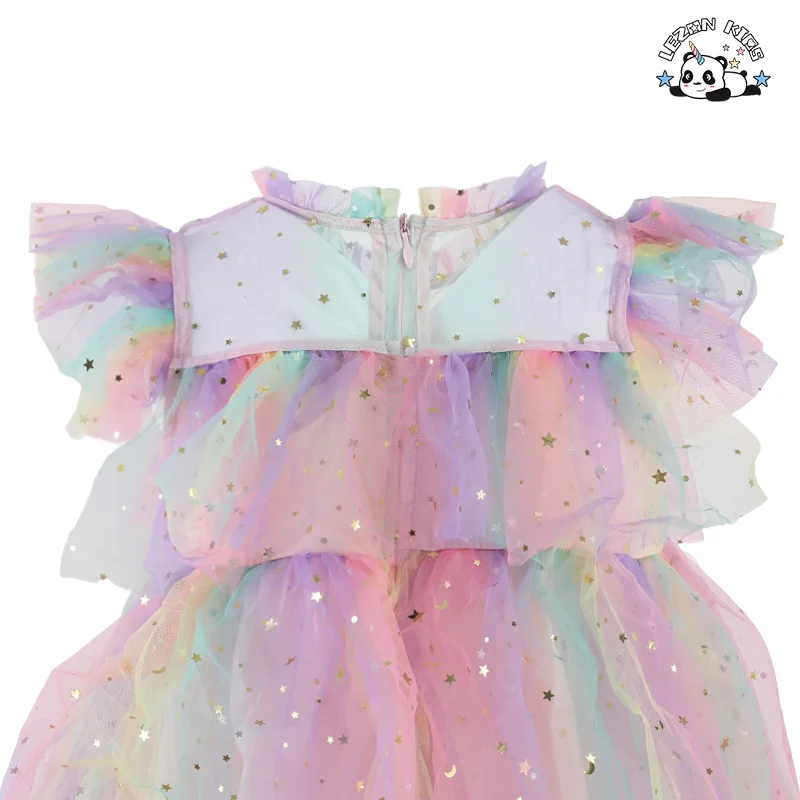 LEZONKIDS - Custom Fly Sleeve Star Print Rainbow Layered Tulle Dress for Girls